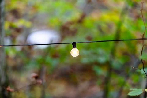 A string of lights with a single bulb hanging from it Stock Photos