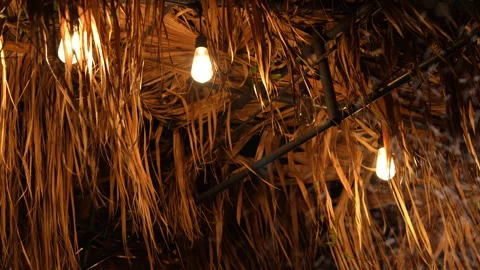 String lights swaying under thatched roof in strong wind at night Vídeos de archivo 346012249