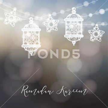 String of ornamental arabic lanterns, lights and stars. Modern festive blurred Stock Illustration