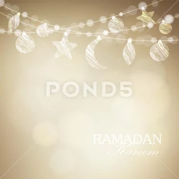 String with ornamental moon and bokeh lights. Golden festive vector illustration Stock Illustration