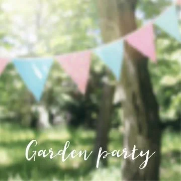 String of pastel bunting flags hanging among trees. Summer birthday garden party Stock Illustration