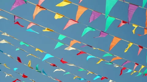 String Pennant Flags Against Blue Sky Stock Footage 64085453