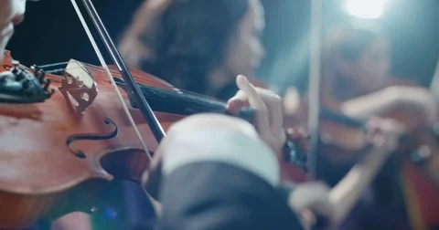 String quartet performs on stage, close-up of violin in work Stock-Footage 84362978