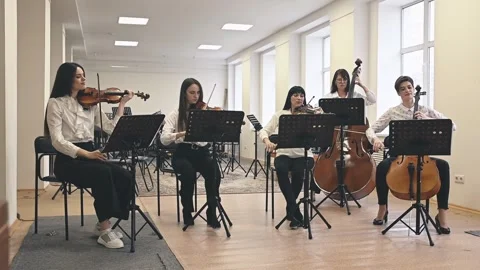 String quintet performing in vibrant hall. Dynamic energy flows through Stock Footage 305550007