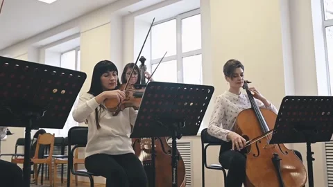 String quintet rehearsing in cozy studio showcasing harmony of classical Stock Footage 305548382