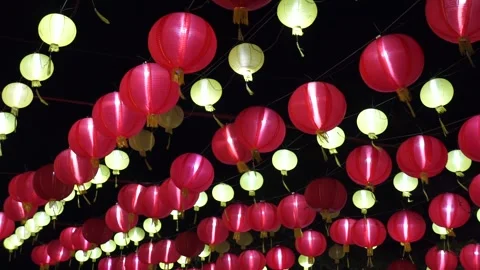 String Of Red and Yellow Lanterns the Night Sky and Blown by the Breeze Video stock 301626444