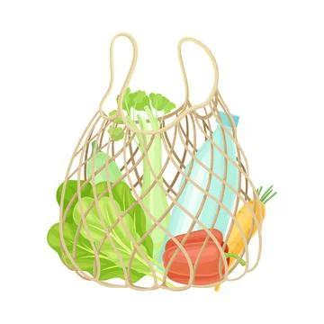 String Reusable Bag with Grocery Products as Eco Shopping Vector Illustration Stock Illustration