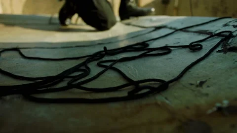 String stretching. Shooting from arbalest, rope pulling Stock Footage 199224528