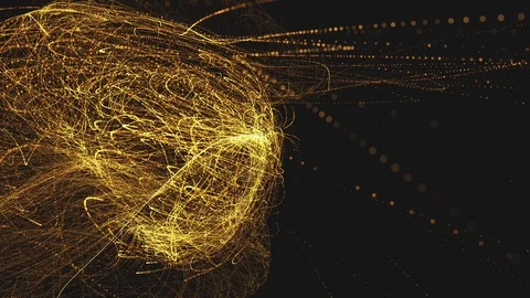 String theory in 4k - Abstract Yellow Lines, particles formation Video stock 104379792
