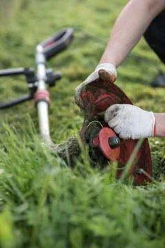 String trimmer cleaning after cutting the grass, care and maintenance Stock Photos