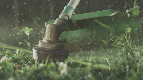 String trimmer cutting green grass in slow motion at sunset showing flying .. 動画素材 337382558