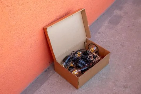 String of vintage filament light bulbs inside a cardboard box. Decorative L.. Stock Photos