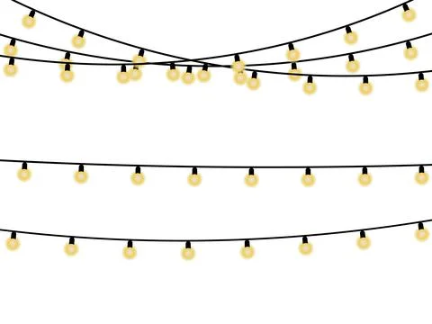 String of yellow glowing light bulbs on black wires against white backgroun.. Stock Illustration