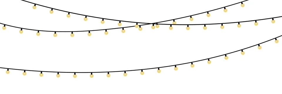 String of yellow glowing light bulbs on black wires against white backgroun.. Stock Illustration