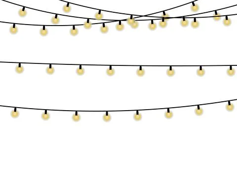 String of yellow glowing lights on black wires against white background str.. Stock Illustration