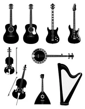Stringed musical instruments black outline silhouette stock vector illustrati Stock Illustration