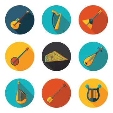 Stringed musical instruments flat icons Stock Illustration