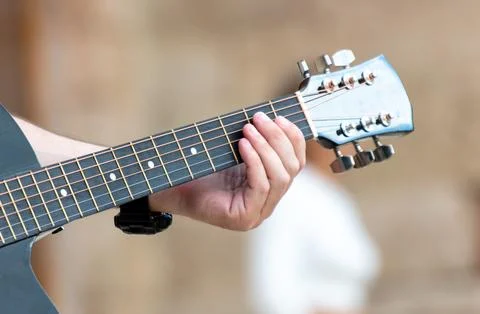 Strings on an acoustic guitar. Close-up Foto stock