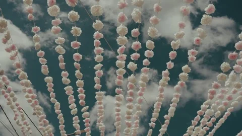 Strings of Pink Paper Flowers Hanging Against Sky at Portuguese Festival Video stock 339991702