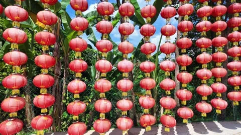 Strings of red Chinese lanterns festive decorations at Thean Hou Temple Kuala Stock Footage 327369959