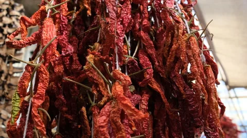 Strings of red hot chili peppers hanging at a market stall to dry in the sun Video stock 340217866