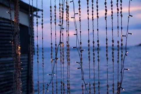 Strings of seashells and christmas lights Stock Photos