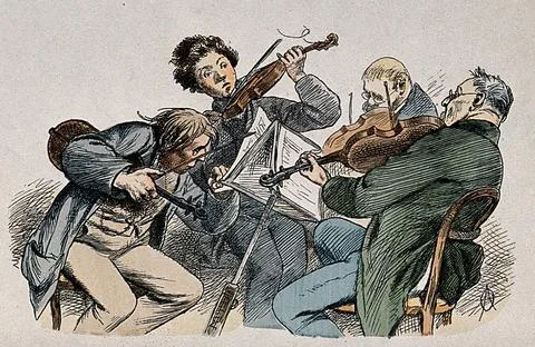 The strings section of an orchestra: three men playing, one man turning the.. Stock Illustration
