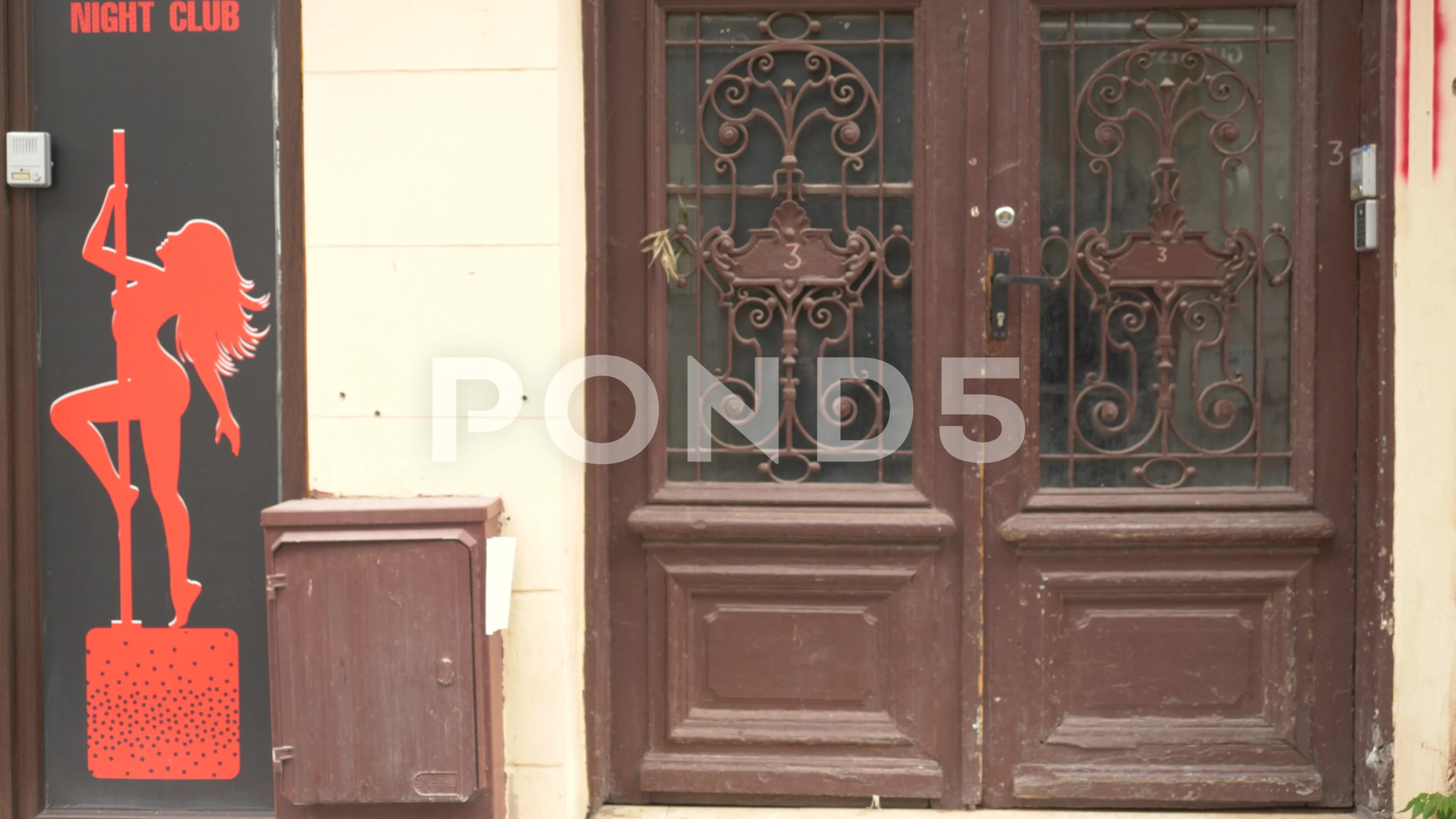 Strip Club Entrance Near Old Building Doors, Stripper Silhouette, Night