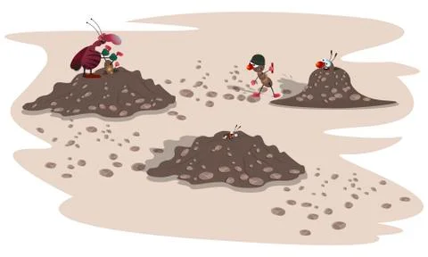 A striped angry cockroach attacks small ants in an anthill. Cartoon illustrat Stock Illustration