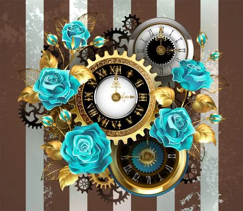 Striped background with clock and turquoise roses Stock Illustration