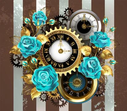 Striped background with clock and turquoise roses Illustrazione stock