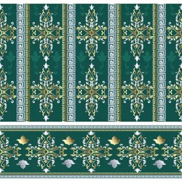 Striped Baroque damask seamless pattern and greek meander border Stock Illustration