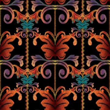 Striped Baroque embroidery seamless pattern. Floral tapestry ornament. Vector Illustrazione stock