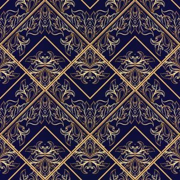 Striped Baroque seamless pattern. Dark blue floral vector background wallpape イラスト素材