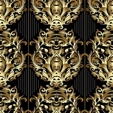 Striped Baroque seamless pattern. Vector black floral background. Gold Baroqu Stock Illustration