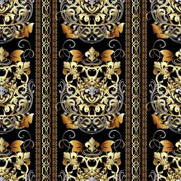 Striped Baroque seamless pattern. Vector floral background wallpaper with gol Illustrazione stock