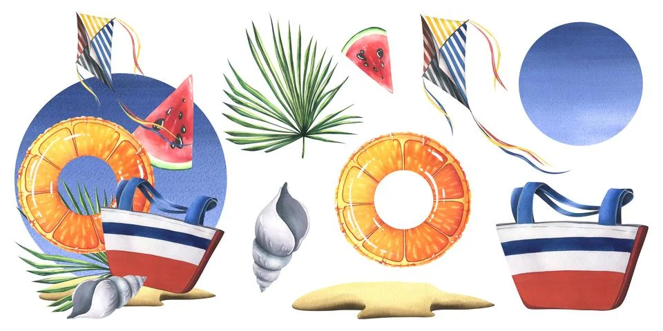 Striped beach bag with inflatable ring orange, seashell, palm branch, watermelon Stock-Illustration