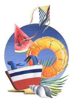 Striped beach bag with inflatable ring orange, seashell, palm branch, watermelon Stock Illustration