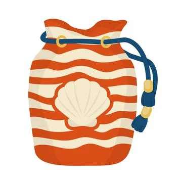 Striped Beach Pouch with Shell Design and Drawstring Vector Illustration Imag イラスト素材