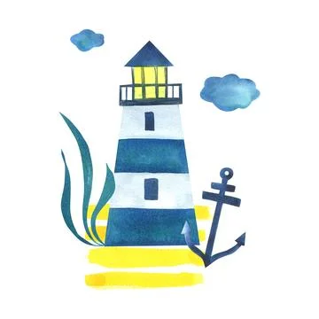 Striped blue lighthouse with anchor, algae on yellow sand and clouds. Nautical Stock Illustration