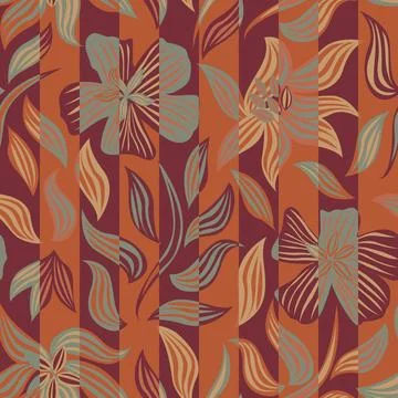 Striped Botanical Floral textile pattern design in orange and maroon for fa.. Stock Illustration