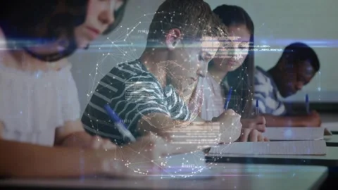 Striped boy taking test while camera revealing education globe mesh scrolling Stock Footage 329788137