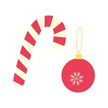 Striped Candy Cane and red Christmas ball on gold thread. Set of 2 isolated New Stock Illustration