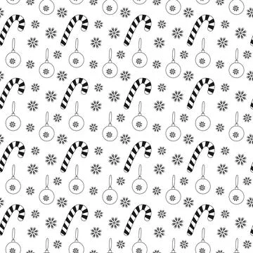 Striped Candy Cane Christmas balls Snowflakes Black and White Seamless Pattern Stock Illustration