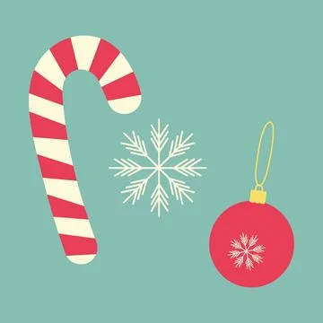 Striped Candy cane, snowflake and Christmas tree toy on rope. New Year greeting 스톡 일러스트