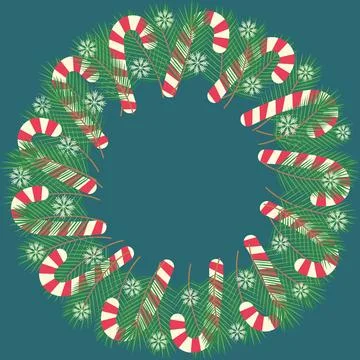 Striped candy cane, spruce twigs and snowflakes on dark emerald background Stock Illustration