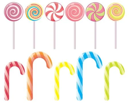 Striped candy canes and candy on a stick without the wrapper. Dessert, Christ 스톡 일러스트