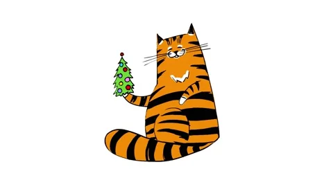 Striped cat with a Christmas tree 4K Stock Footage 169254232