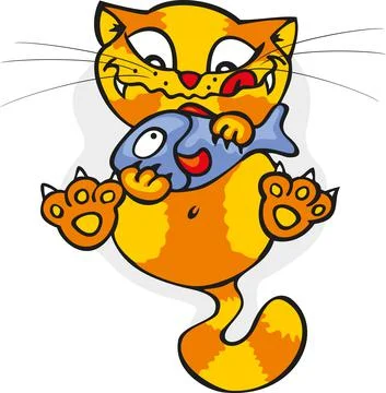 Striped cat with a fish Stock Illustration