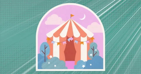 Striped circus tent curtains parting on pink sky cue, bat peeking flapping wings Stock Footage 315520542